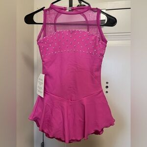 Pink short sleeve child figure skating competition dress